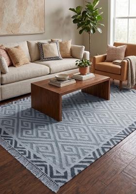 Saffron Rugs Flat Woven Grey Blue Geometric Bohemian Rectangular Wool Area Rug