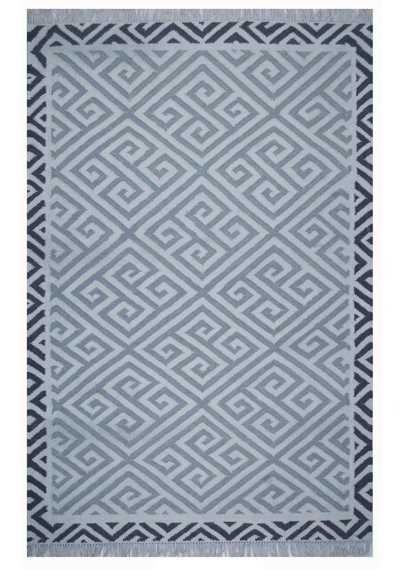 Saffron Rugs Flat Woven Grey Blue Geometric Bohemian Rectangular Wool Area Rug - Indya