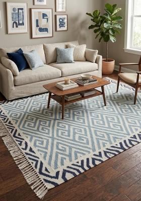 Saffron Rugs Flat Woven Blue and Ivory Geometric Bohemian Rectangular Wool Area Rug