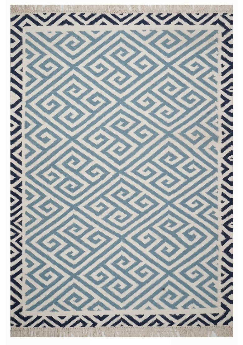 Saffron Rugs Flat Woven Blue and Ivory Geometric Bohemian Rectangular Wool Area Rug - Indya