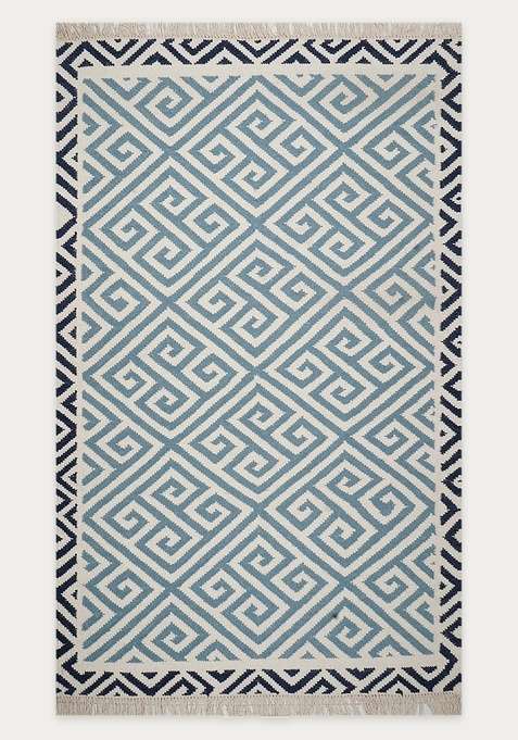 100% Wool Handmade Blue And Ivory Rug | Bohemian Geometric Flat Weave Reversible Carpet For Living Room