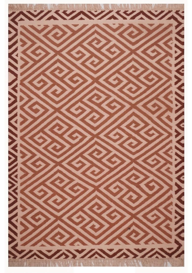 Saffron Rugs Flat Woven Terracotta Brown Geometric Bohemian Rectangular Wool Area Rug - Indya