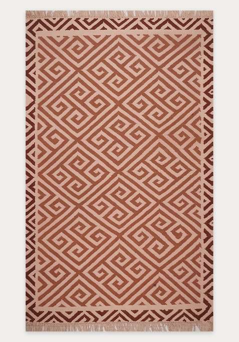 100% Wool Handmade Terracotta Brown Rug | Bohemian Geometric Flat Weave Reversible Carpet For Living Room