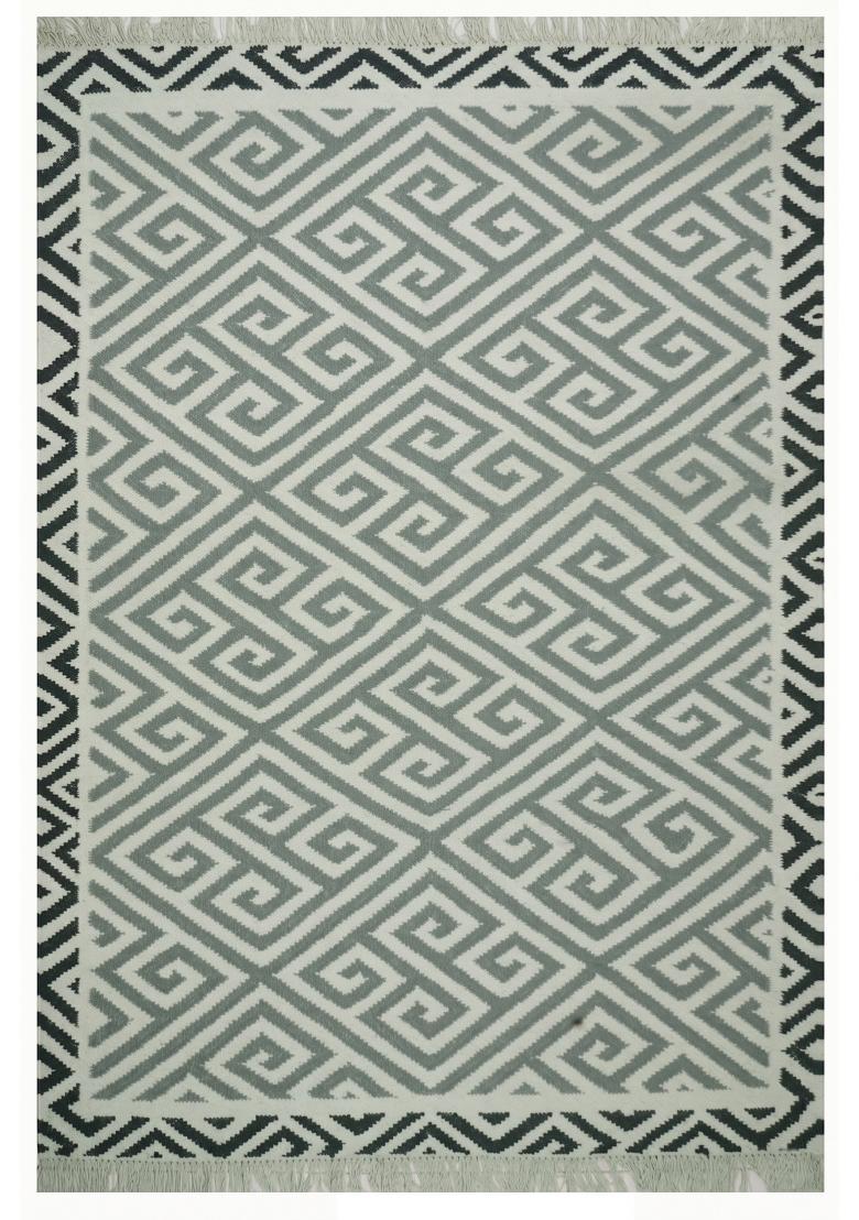 Saffron Rugs Flat Woven Grey Geometric Bohemian Rectangular Wool Area Rug - Indya