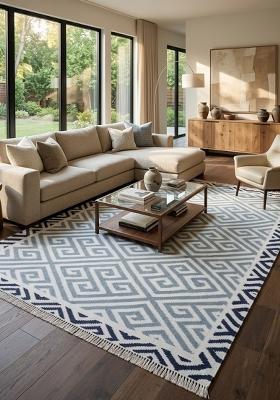 Saffron Rugs Flat Woven Blue Geometric Bohemian Rectangular Wool Area Rug