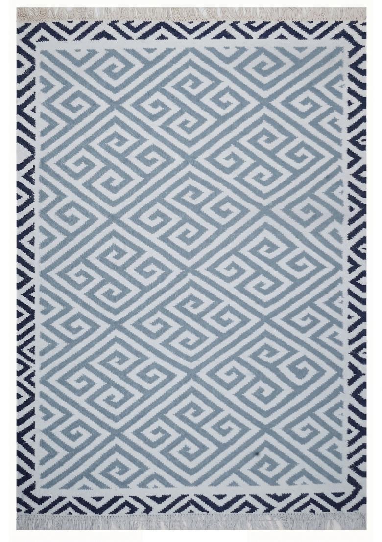 Saffron Rugs Flat Woven Blue Geometric Bohemian Rectangular Wool Area Rug - Indya