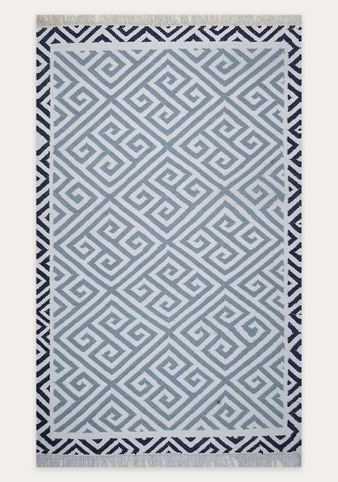 100% Wool Handmade Blue Rug | Bohemian Geometric Flat Weave Reversible Carpet For Living Room