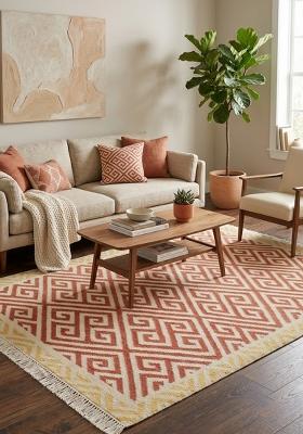 Saffron Rugs Flat Woven Terracotta Geometric Bohemian Rectangular Wool Area Rug