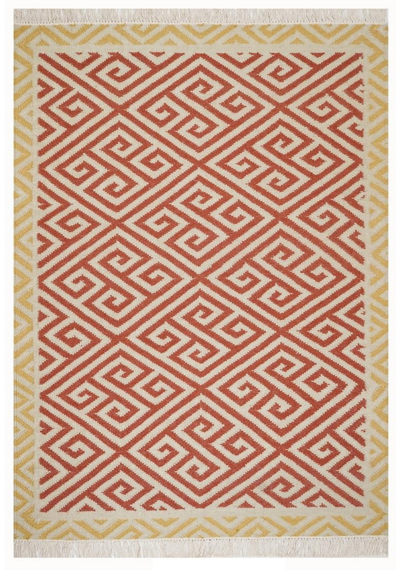 Saffron Rugs Flat Woven Terracotta Geometric Bohemian Rectangular Wool Area Rug - Indya