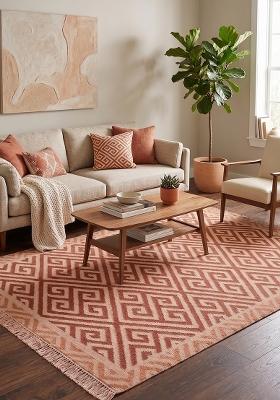 Saffron Rugs Flat Woven Terracotta Beige Geometric Bohemian Rectangular Wool Area Rug