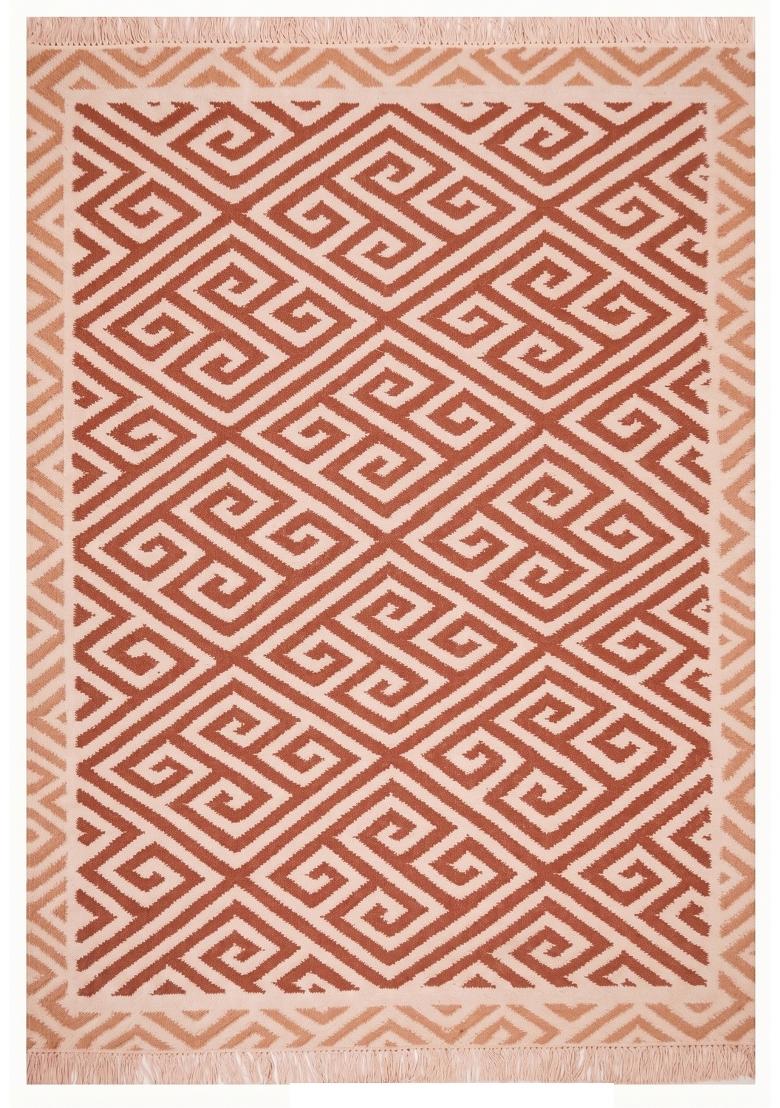 Saffron Rugs Flat Woven Terracotta Beige Geometric Bohemian Rectangular Wool Area Rug - Indya