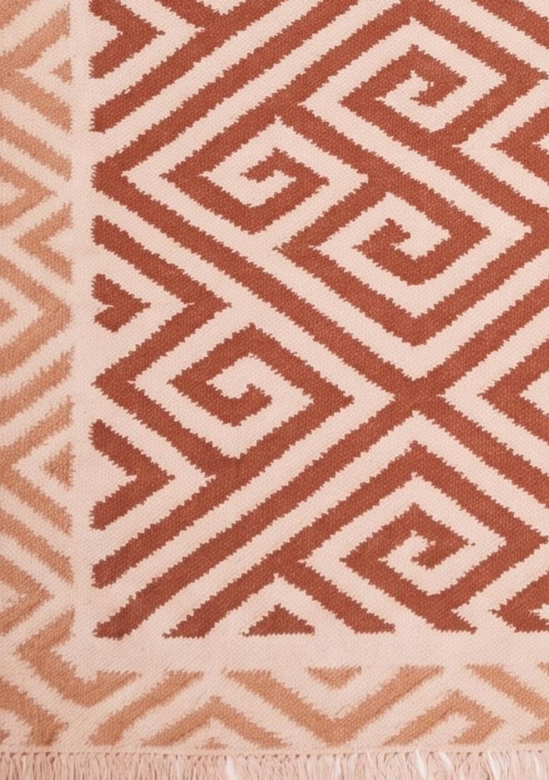 Saffron Rugs Flat Woven Terracotta Beige Geometric Bohemian Rectangular Wool Area Rug - Indya