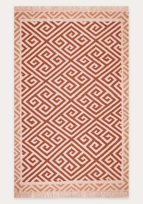 100% Wool Handmade Terracotta Beige Rug | Bohemian Geometric Flat Weave Reversible Carpet For Living Room