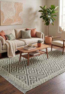 Saffron Rugs Flat Woven Sage Green Geometric Bohemian Rectangular Wool Area Rug