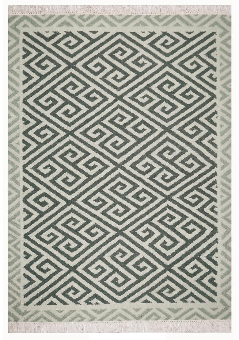 Saffron Rugs Flat Woven Sage Green Geometric Bohemian Rectangular Wool Area Rug - Indya
