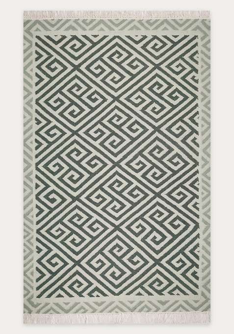 100% Wool Handmade Sage Green Rug | Bohemian Geometric Flat Weave Reversible Carpet For Living Room