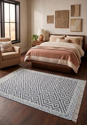 Saffron Rugs Flat Woven Blue Geometric Bohemian Rectangular Wool Area Rug