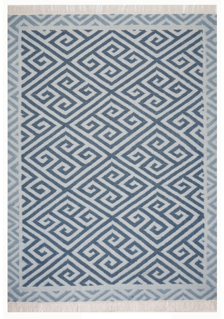 Saffron Rugs Flat Woven Blue Geometric Bohemian Rectangular Wool Area Rug - Indya
