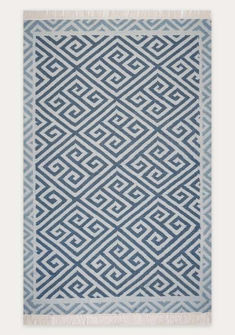 100% Wool Handmade Blue Rug | Bohemian Geometric Flat Weave Reversible Carpet For Living Room