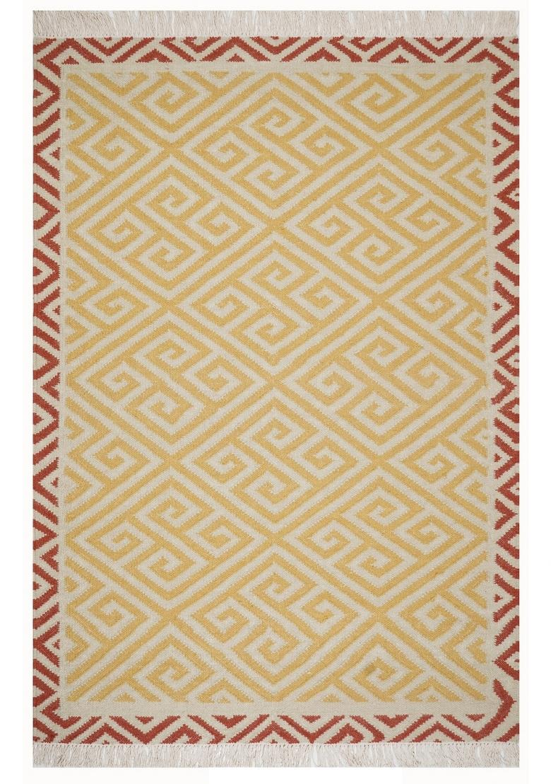 Saffron Rugs Flat Woven Yellow Geometric Bohemian Rectangular Wool Area Rug - Indya