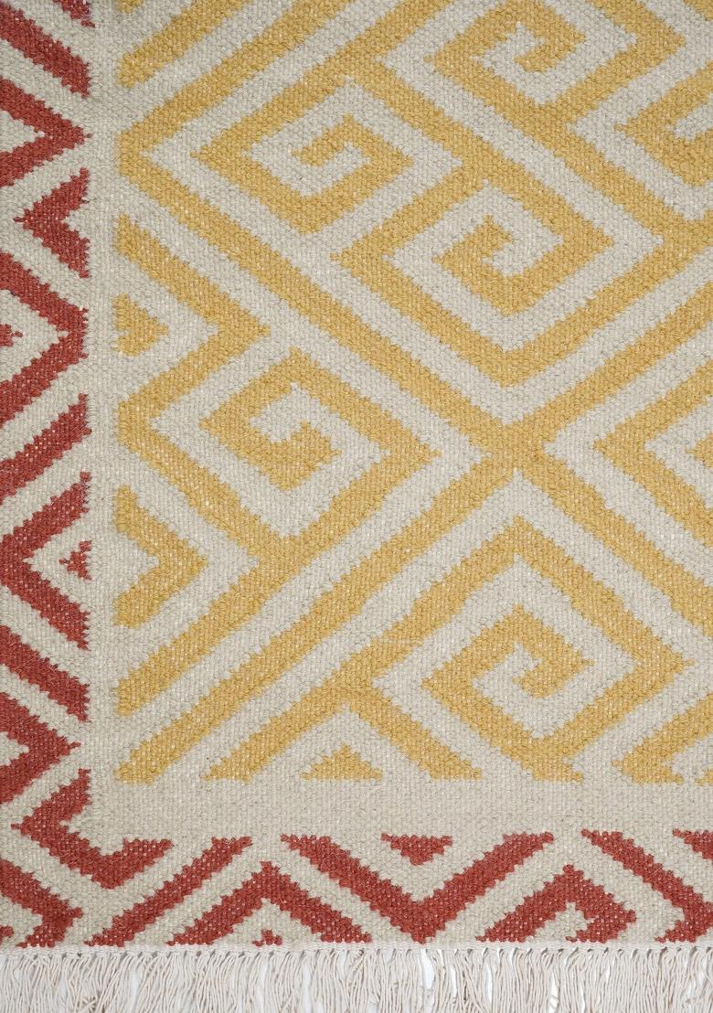 Saffron Rugs Flat Woven Yellow Geometric Bohemian Rectangular Wool Area Rug - Indya