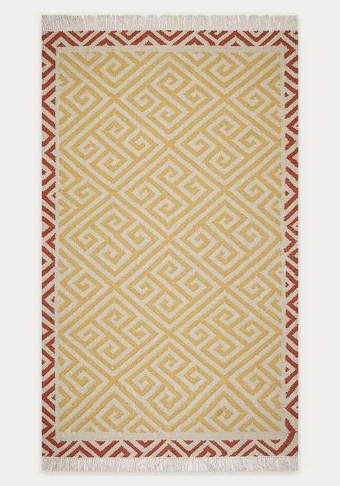 100% Wool Handmade Yellow Rug | Bohemian Geometric Flat Weave Reversible Carpet For Living Room