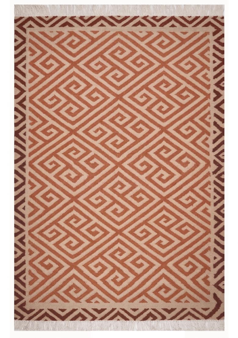 Saffron Rugs Flat Woven Terracotta Geometric Bohemian Rectangular Wool Area Rug - Indya