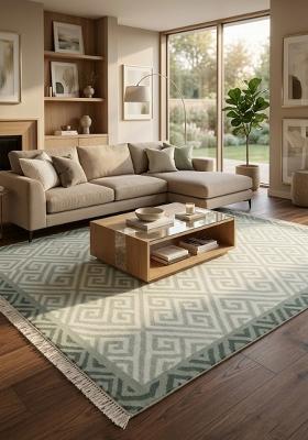 Saffron Rugs Flat Woven Sage Green Geometric Bohemian Rectangular Wool Area Rug