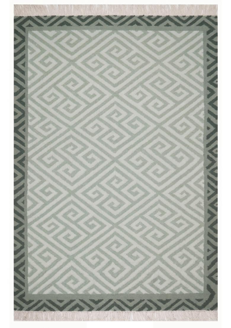 Saffron Rugs Flat Woven Sage Green Geometric Bohemian Rectangular Wool Area Rug - Indya