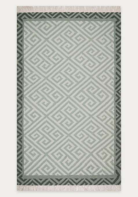 100% Wool Handmade Sage Green Rug | Bohemian Geometric Flat Weave Reversible Carpet For Living Room