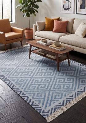 Saffron Rugs Flat Woven Light Blue Geometric Bohemian Rectangular Wool Area Rug