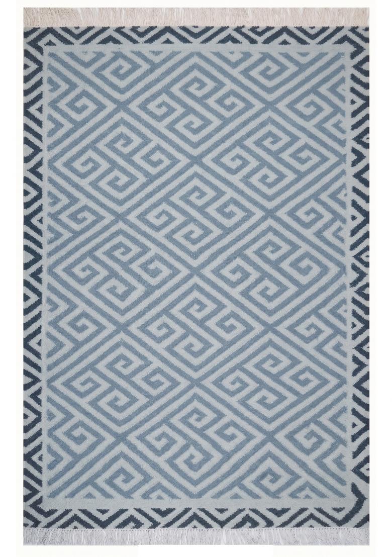 Saffron Rugs Flat Woven Light Blue Geometric Bohemian Rectangular Wool Area Rug - Indya