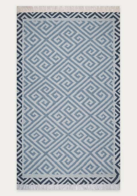 100% Wool Handmade Light Blue Rug | Bohemian Geometric Flat Weave Reversible Carpet For Living Room