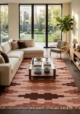 Saffron Rugs Flat Woven Dusty Pink Geometric Bohemian Rectangular Wool Area Rug