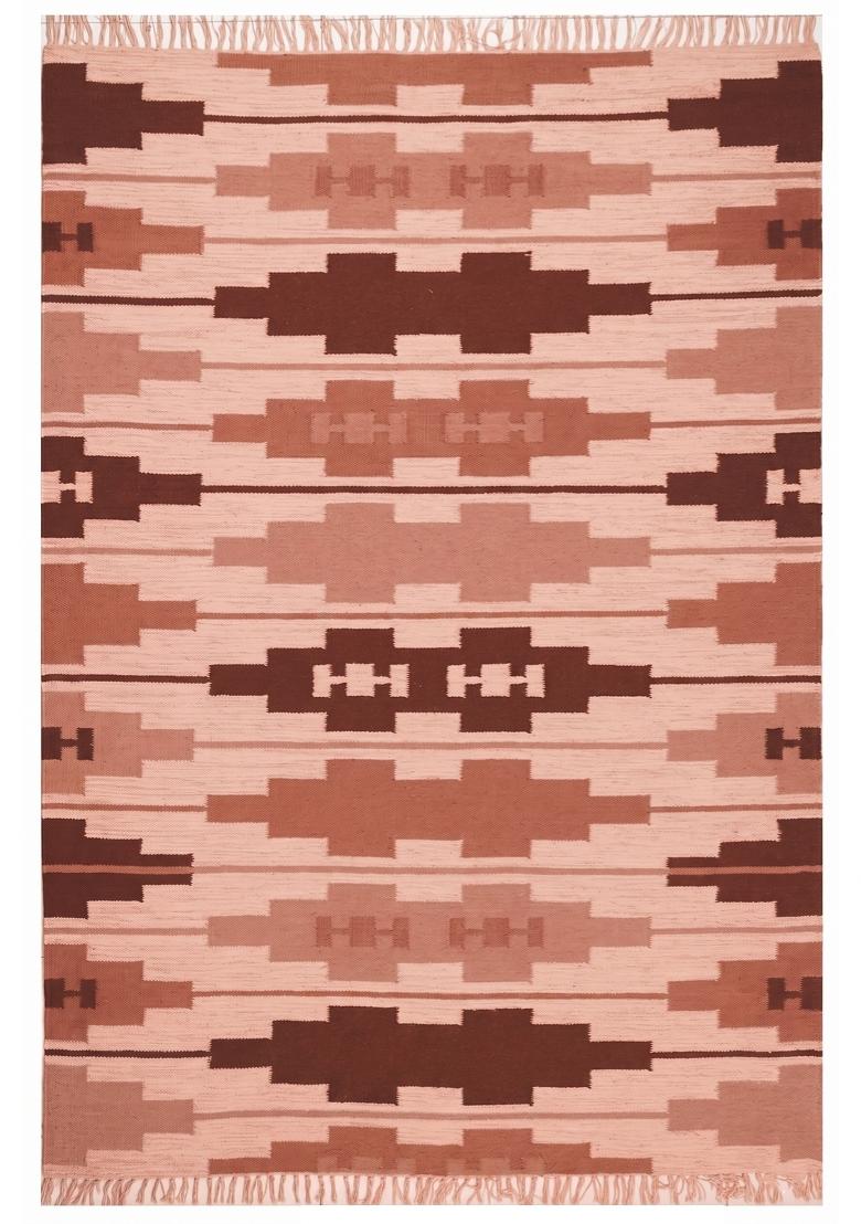 Saffron Rugs Flat Woven Dusty Pink Geometric Bohemian Rectangular Wool Area Rug - Indya