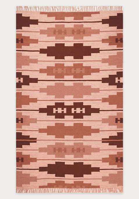 100% Wool Handmade Dusty Pink Rug | Bohemian Geometric Flat Weave Reversible Carpet For Living Room