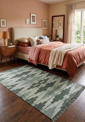 Saffron Rugs Flat Woven Sage Green Geometric Bohemian Rectangular Wool Area Rug