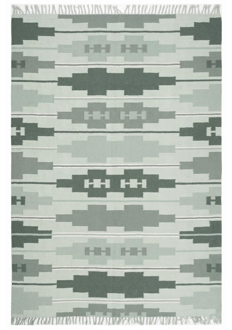 Saffron Rugs Flat Woven Sage Green Geometric Bohemian Rectangular Wool Area Rug - Indya