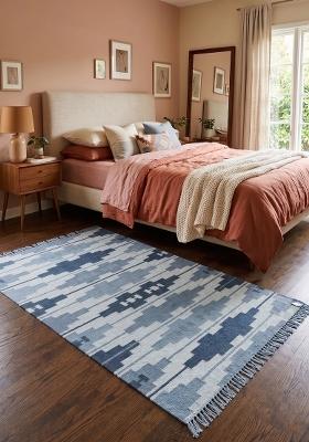 Saffron Rugs Flat Woven Blue Geometric Bohemian Rectangular Wool Area Rug
