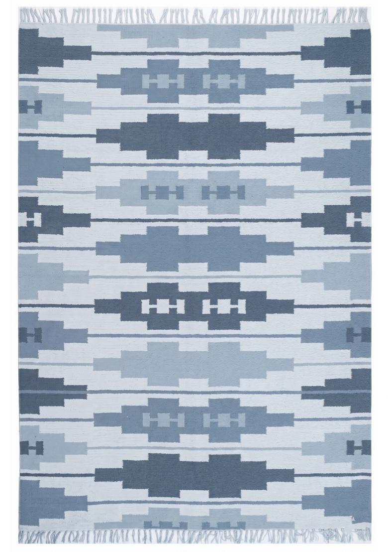 Saffron Rugs Flat Woven Blue Geometric Bohemian Rectangular Wool Area Rug - Indya