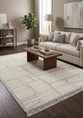 Saffron Rugs Flat Woven Ivory Geometric Scandinavian Rectangular Wool Area Rug