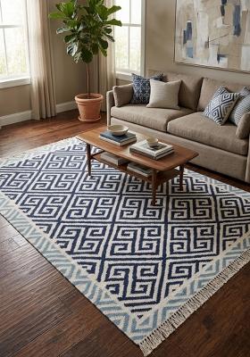 Saffron Rugs Flat Woven Navy Blue Geometric Bohemian Rectangular Wool Area Rug