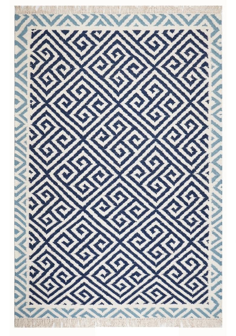 Saffron Rugs Flat Woven Navy Blue Geometric Bohemian Rectangular Wool Area Rug - Indya