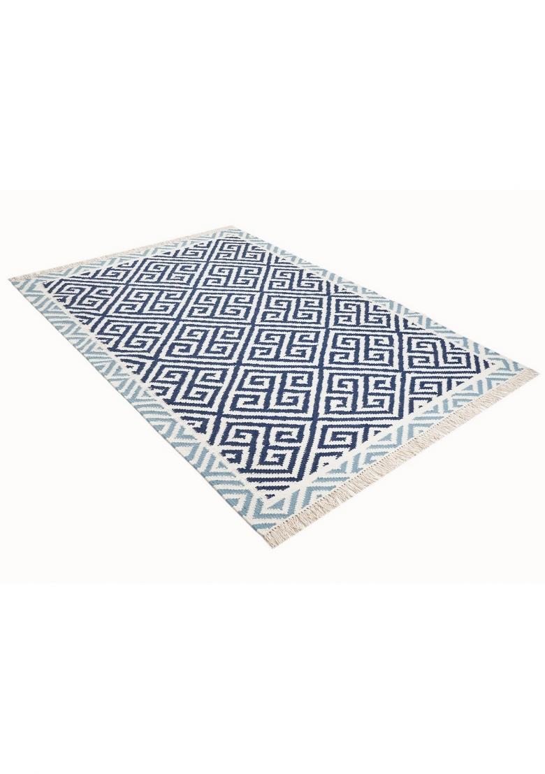 Saffron Rugs Flat Woven Navy Blue Geometric Bohemian Rectangular Wool Area Rug - Indya