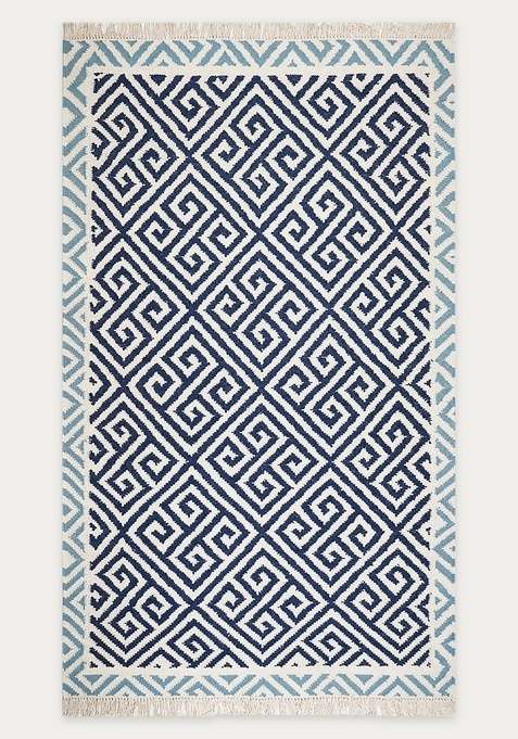100% Wool Handmade Navy Blue Rug | Bohemian Geometric Flat Weave Reversible Carpet For Living Room