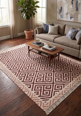 Saffron Rugs Flat Woven Maroon Pink Geometric Bohemian Rectangular Wool Area Rug