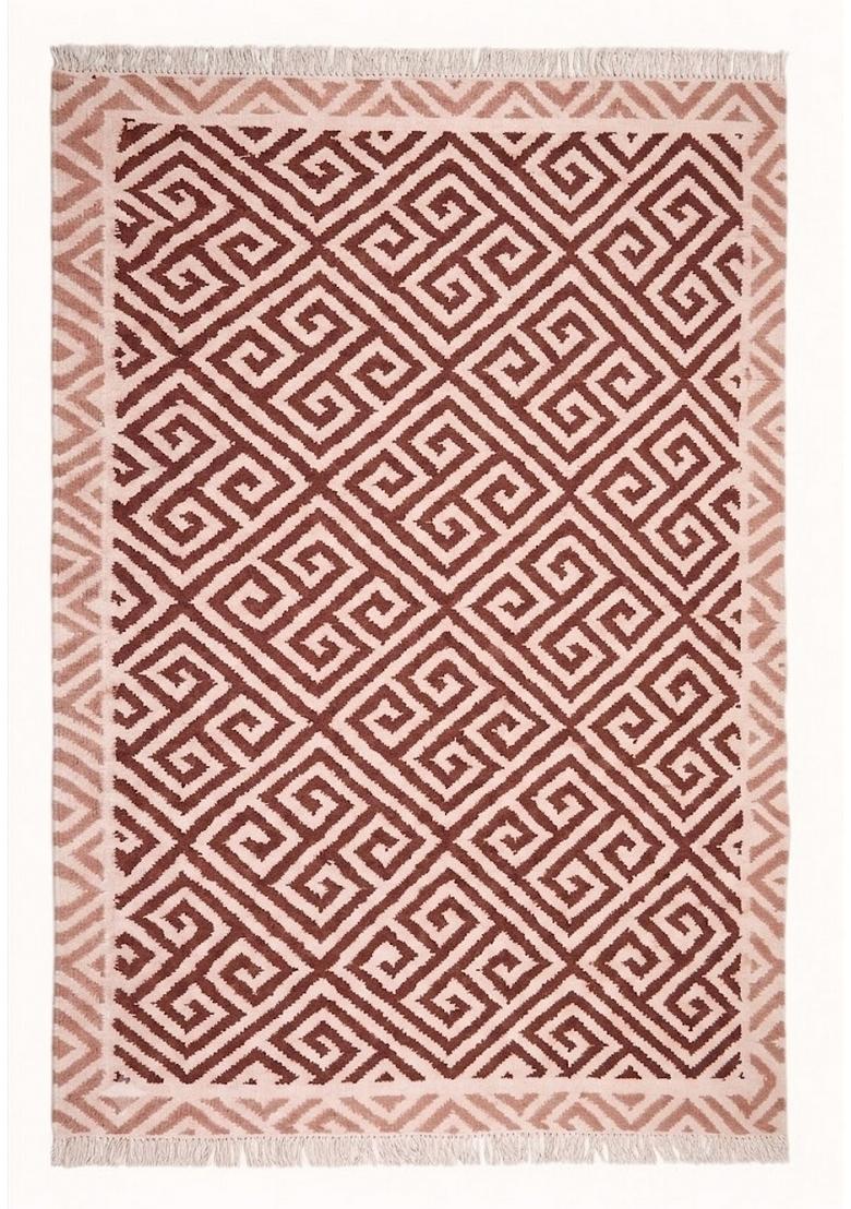 Saffron Rugs Flat Woven Maroon Pink Geometric Bohemian Rectangular Wool Area Rug - Indya