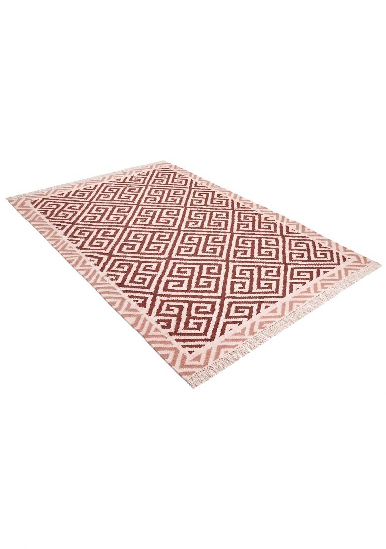 Saffron Rugs Flat Woven Maroon Pink Geometric Bohemian Rectangular Wool Area Rug - Indya