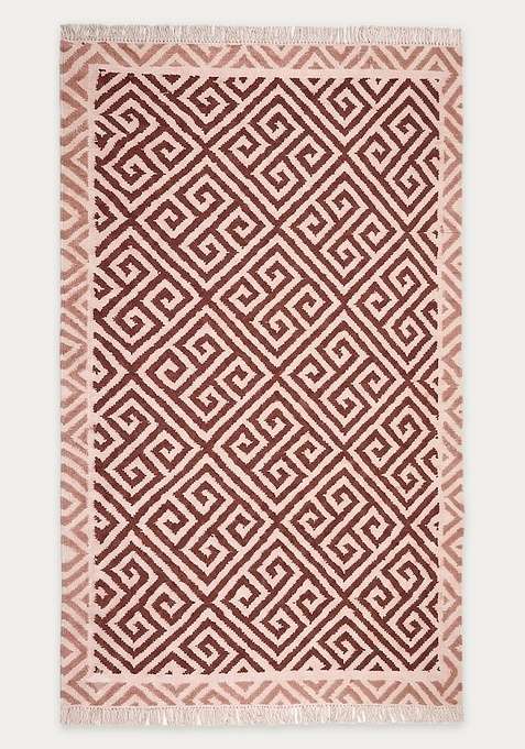 100% Wool Handmade Maroon Pink Rug | Bohemian Geometric Flat Weave Reversible Carpet For Living Room