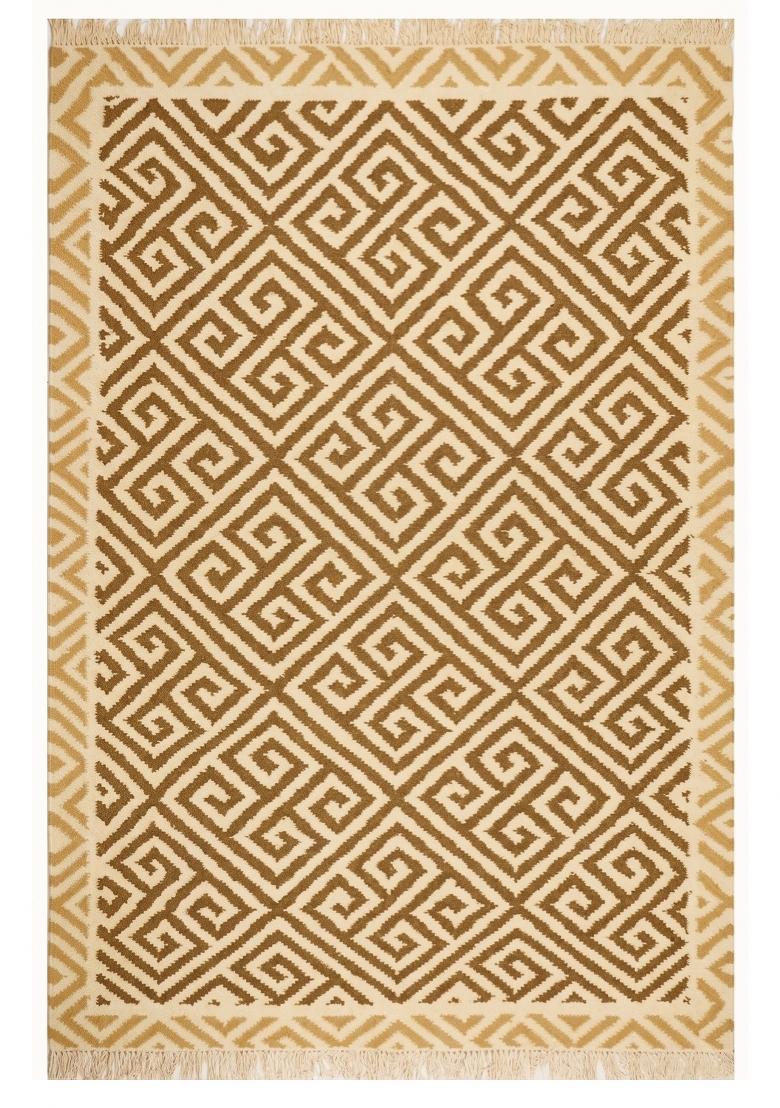 Saffron Rugs Flat Woven Beige Brown Geometric Bohemian Rectangular Wool Area Rug - Indya